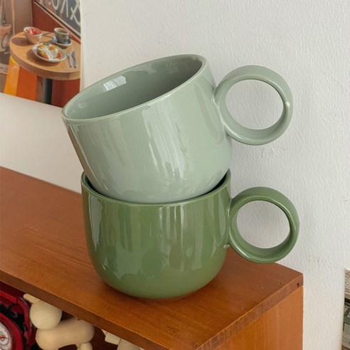 【커피잔】짙은 녹색 커피 컵 고급 감지 머그잔 레트로 세라믹 차 컵 물 컵 아침 컵, 다크 그린 + 라이트 그린