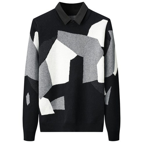 【DF】가짜 투피스 가디건 스웨터 남자 가을 겨울 한국 스타일의 스트라이프 셔츠 칼라 청소년 캐주얼 겉옷 스웨터 코트 두꺼운