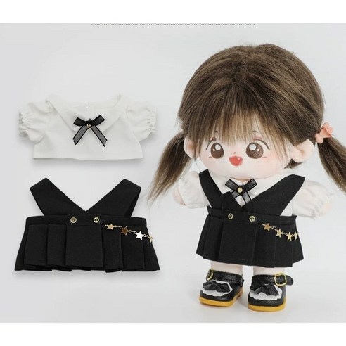모카돌 20cm 솜인형 옷 오버롤 원피스 블라우스 2종세트, 블랙, 1개