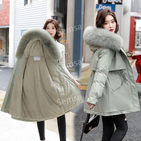 구스다운 패딩 폭스퍼 후드 벨티드 다운 여성용 코튼 재킷