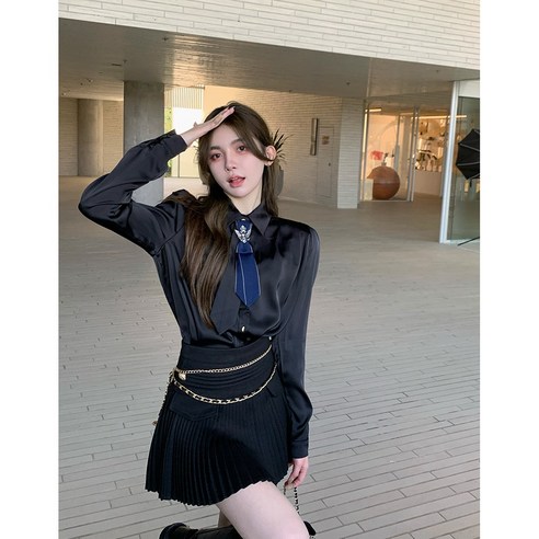 KORELAN 달콤하고 시크한 슈트 여항풍 넥타이 셔츠+골드 체인 하이웨스트 주름치마 그물 레드 튀김 거리 2종 세트