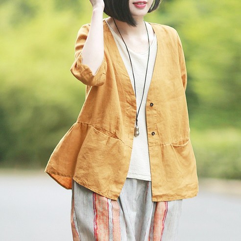 도오빠 마이투 여성 반팔 자켓 브이넥 포켓 셔츠 7부 소매 재킷 셔링 옐로우 여름 여자자켓