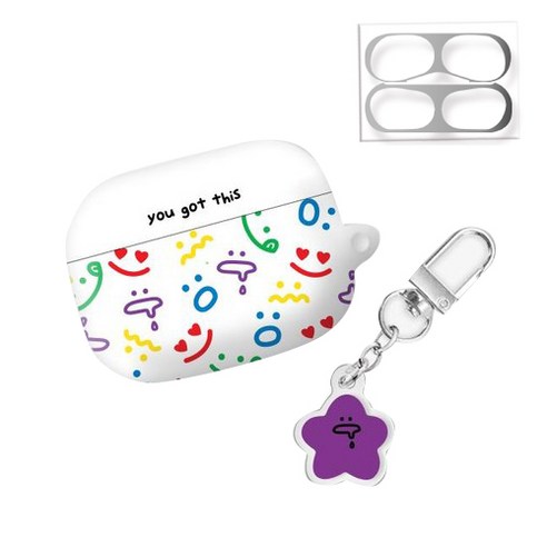 트라이코지 와글와글 컬러 패턴 하드 케이스 + 철가루 방지 스티커 2P + 키링 세트, 퍼플, AirPods Pro(2세대)