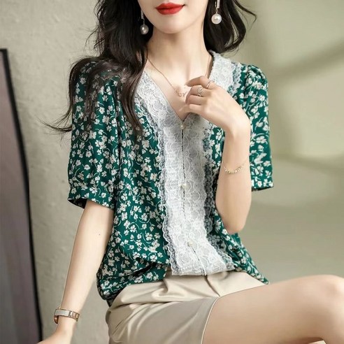 쩐쿠 여름 여성 레이스 브이넥 단추 반팔 플라워 블라우스 8120