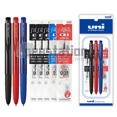 uni 시그노 노크 볼펜 UMN-155 0.38/0.28mm 볼펜 리필 세트, 0.38mm 흑1청1적1+리필 흑3청1적1개 세트