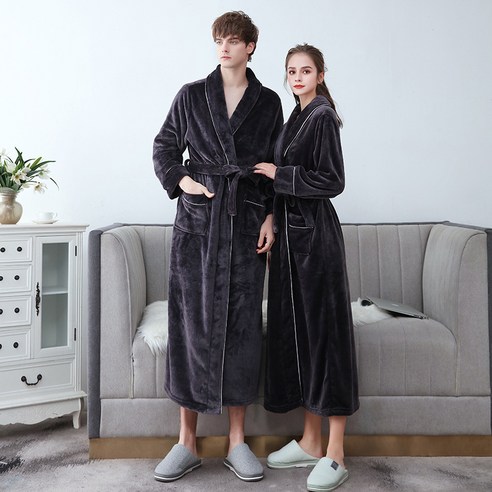 SweetieHobby 커플 극세사 롱 로브 가운 나이트가운 따뜻한 방한 홈웨어 남성 여성 잠옷 털 퍼 고급 럭셔리