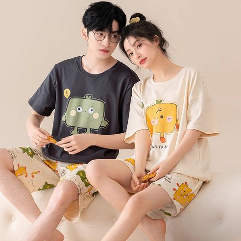 ANYOU 여름 데일리 캐주얼 커플잠옷 편안한 귀여운 반팔 잠옷
