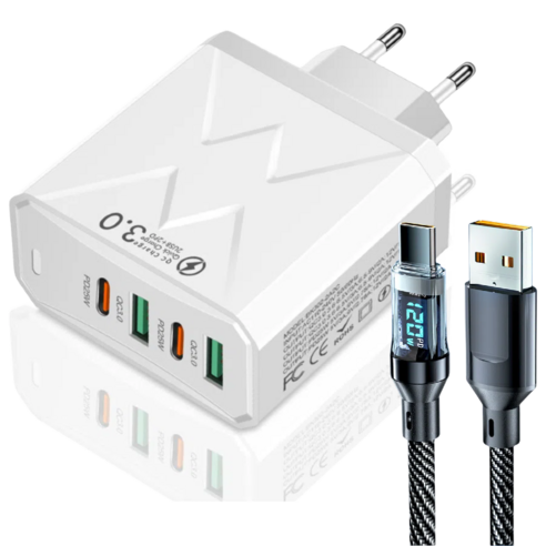 USB+PD 4포트 멀티 고속충전기 100W+ 2m LED 디스플레이 고속 충전 케이블, 흰색, Typec-Lighting