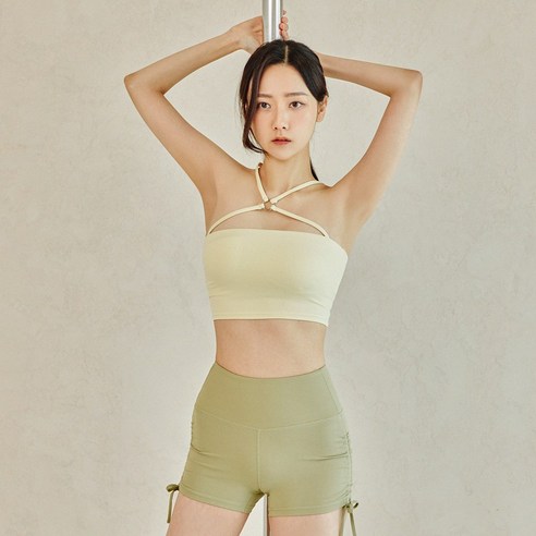 뮤즈마인 - 아르테 스트랩 브라탑 요가 필라테스 폴웨어 의상 폴댄스복 폴키니 운동복 상의 바프 바디프로필용 캡내장 크롭티 헬스, S, 레몬