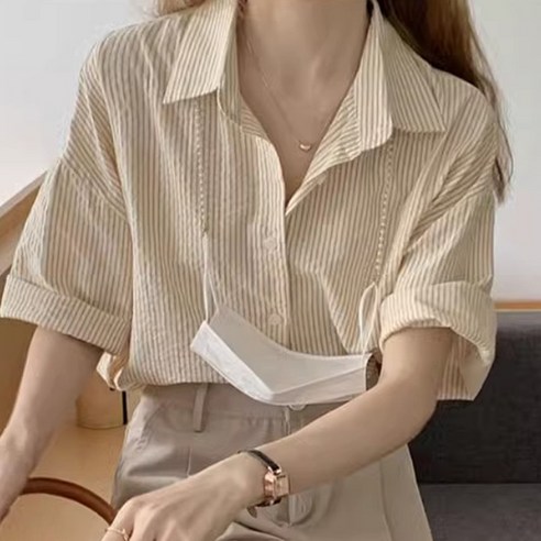 유니온 여성 스트라이프 데일리 반팔 셔츠