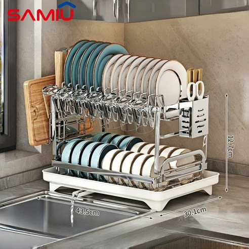 SAMIU 304 스텐 식기건조대 접시 그릇 건조대 물빠짐, 2단, 컨조대+수저통+도마대+컵 홀더, 1개
