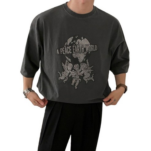 지디오 슈펠M 남성 반팔티 빈티지 프린팅 루즈핏 지구 반팔 티셔츠 라운드 면티 반소매 프리사이즈 남자반팔티