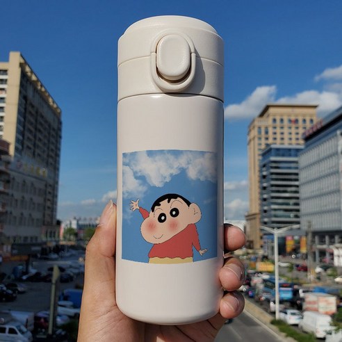 일본 인터넷 연예인 귀여운 크레용 작은 새로운 튀는 뚜껑 보온병 학생 작은 휴대용 컵 스테인리스 차 컵, Q57p크레용신화튀는컵, 300 ml
