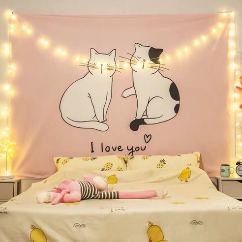 SnowDream 패브릭포스터 + 고정세트 예술 동물 고양이 호랑이 홈데코해룸 소품벽 천장장식 행잉 포스터 드로잉 일러스트 150x130 패브릭 포스터 대형 패브릭 포스터 소형, 100*70+설치 패키지, 커플 고양이