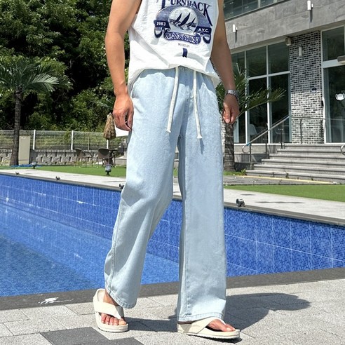 데얀 남자 스판 밴딩 와이드 청바지 데님 블랙진