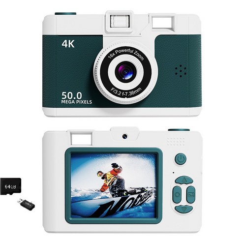 ITech 디지털카메라 레트로 5000w픽셀 와이파이 전송 ccd카메라+64g 메모리 카드, 그린