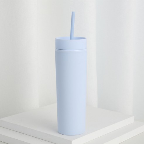 KORELAN 16oz 이중 플라스틱 직통 컵 고무 페인트 직신 빨대 컵 대용량 냉음료 핸드컵, 연한 남색