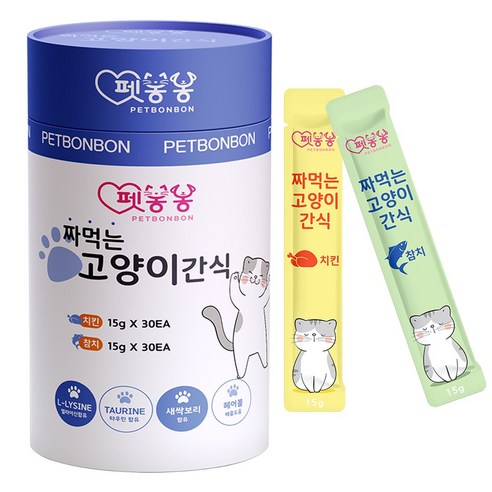 펫봉봉 NEW 짜먹는 고양이 간식 습식 고양이 스틱 대용량 60P, 1통, 900g, 참치(30)+연어(30)