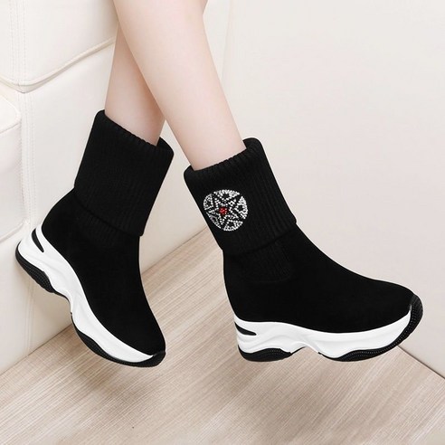 라오농 양말 부츠 작은 하이힐 짧은 부츠 부츠 부츠와 벨벳 따뜻한 부츠 플라이 짠 여성 부츠 +12aeG6E