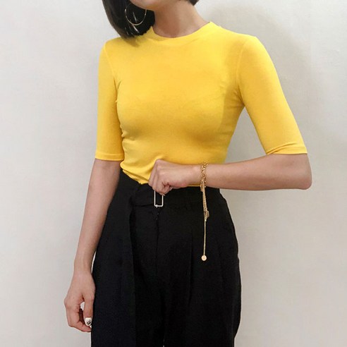 커밍투유 여성용 쫀쫀 5부 라운드 반팔 티셔츠