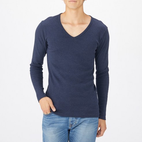 무인양품 MUJI 남성 따뜻한 코튼 울 스무스 V넥 긴소매 티셔츠