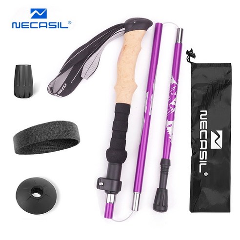 NECASIL 초경량 듀랄루민 5단 접이식 등산스틱 2p + 케이스, 퍼플, 105-125cm