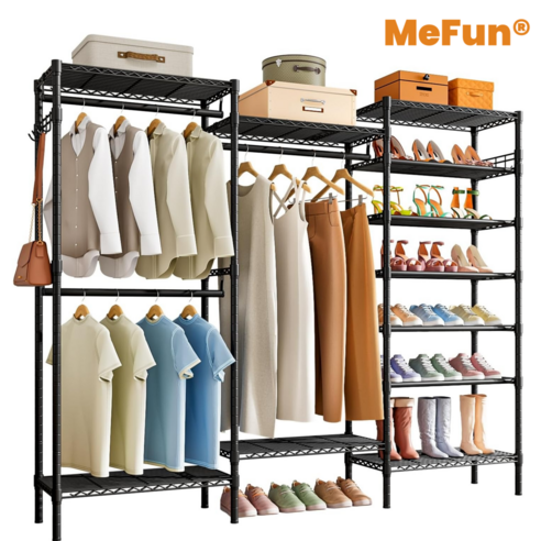 MeFun 대형 철제 옷장 선반형 옷걸이 수납대 조절 가능한 대용량 조립식 시스템 다용도 수납장 175x40x195cm, 블랙