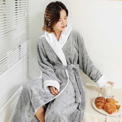 DFMEI-Y 잠옷 여성의 가을과 겨울 긴 산호 양털 플러스 벨벳 두꺼운 커플 목욕 가운 플란넬 남자 잠옷 겨울 홈 착용, DFMEI 그레이 화이트 [여성] 모피 칼라 플란넬, M 적합 [160cm -120kg]