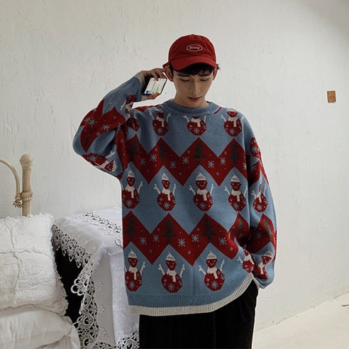 [ICE STONE] 크리스마스 스웨터 남성 캐주얼 O 넥 홀리데이 크리스마스 스웨터 재미있는 점퍼 커플 풀오버 루즈한 의류 유니섹스 풀오버