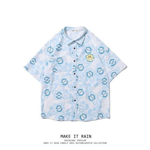 DFMEI 디자인 감각 한국어 스타일 스마일 인쇄 반팔 셔츠 Ins 남성과 여성 다목적 커플 여름 새로운 셔츠 Bf