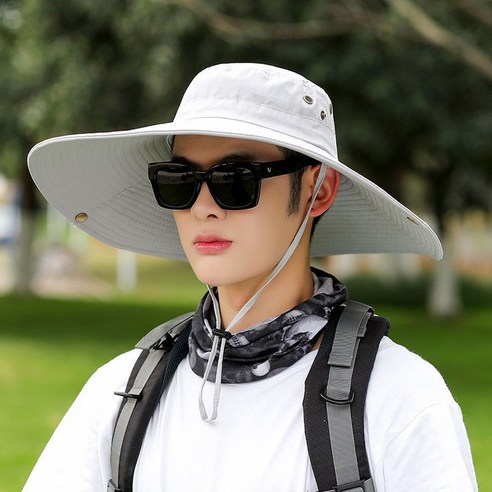 선스크린 모자 남자 여름 챙이 썬 모자 낚시 위장 어부 모자 남자 여자 해변 여름 야외 하이킹 모자, 평균 크기 (56-60cm), [16cm 단색] 밝은 회색
