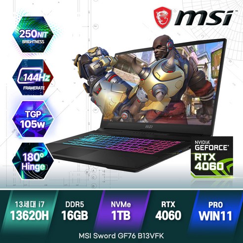 MSI 소드 GF76 B13VFK 인텔 i7-13620H RTX4060 17인치 윈도우11 게이밍 노트북 무선마우스 증정, 블랙, 코어i7, 1TB, 16GB, WIN11 Pro Best Top3