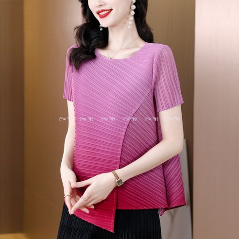 더블샵 언발란스 옴브레프린트 플리츠주름 이세이미야케스타일 주름 반팔티셔츠