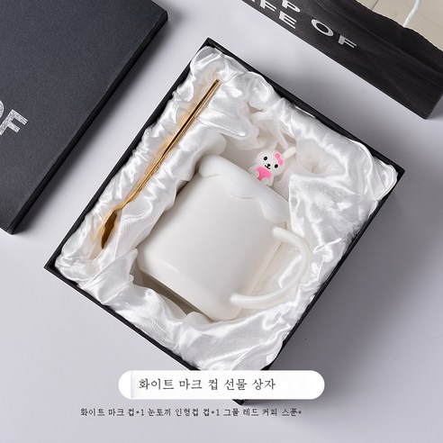 DFMEI 세라믹 머그 머그 스푼 찻잔 간단한 커피 컵 대용량 물 컵 여성, 머그 + 뚜껑 + 숟가락 (흰색 선물 상자)
