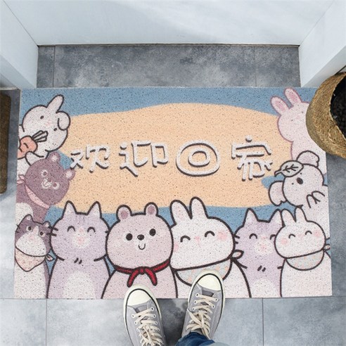 만화 동그라미 바닥 깔개 입주 매트 입구 미끄럼 방지 발판 현관 쿠션 가정용 PVC 고양이 모래 매트, 집에 오신 걸 환영합니다.