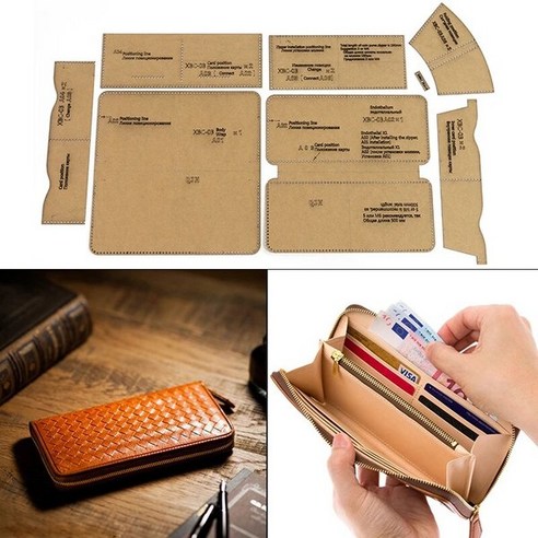 원데이클래스 가죽공방 카드지갑만들기 1set diy 크래프트 종이 템플릿 새로운 패션 지퍼 클러치 지갑 가죽 공예 패턴 diy 스텐실 바느질 패턴 1 cm 21cm, 없음