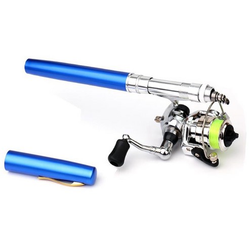 Xzante 포켓 미니 낚싯대 텔레스코픽 펜 모양 금속 스피닝 릴 휠-블루가있는 접힌, 파란색