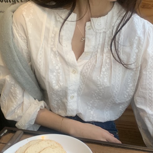 별하늘 여성 긴팔 셔츠 퍼프 레이스 펀칭 블라우스