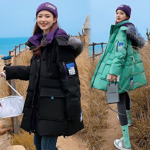 겨울 새로운 한국어 스타일 중간 길이 다운 재킷 여성 극복 군사 유니폼 대형 모피 칼라 코튼 패딩 자켓