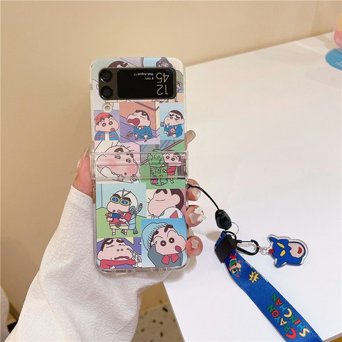 귀여운 짱구 캐릭터로 장식된 강력한 보호 기능을 갖춘 갤럭시 Z 플립4용 AOHAO 짱구 힌지보호 스트랩 케이스