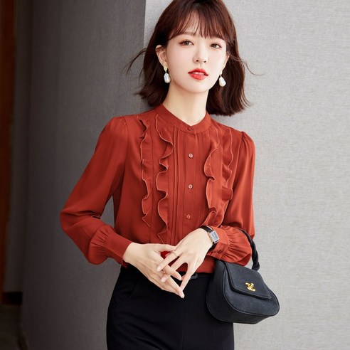 집사상회 여성 쉬폰 블라우스 셔츠 프릴 카라 긴팔 슬림핏 여자셔츠 봄 가을 티셔츠 프리사이즈_17