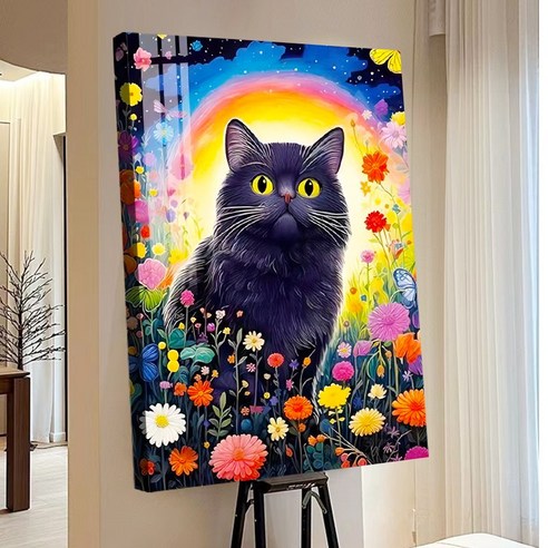 votgl 보석십자수 캔버스형 DIY 액자형 풍경 인물 꽃식물50x40cm, 022고양이
