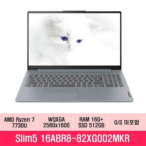 레노버 2023 아이디어패드 슬림 5 16ABR8 16 라이젠7 라이젠 7000 시리즈, CLOUD GREY, 512GB, 16GB, Free DOS, 82XG002MKR