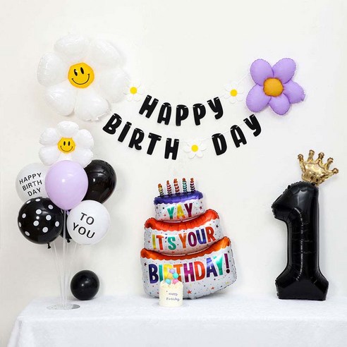 [피앤비유니티] 캐릭터무광데이지 생일케익풍선세트 스탠드형, 10-01)무광데이지생일풍선세트 1 블랙, 1세트