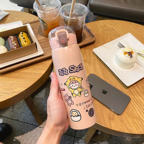 신상품 커버 스트랩 빨대 스테인리스 스틸 텀블러 하이비주얼 학생 물컵 휴대용 진공컵서브 커플 선물, 라지 핑크_350-500ml