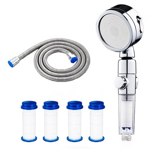 360도 회전 원터치 3단 조절 절수샤워기, 투명+필터5+호스, 1세트