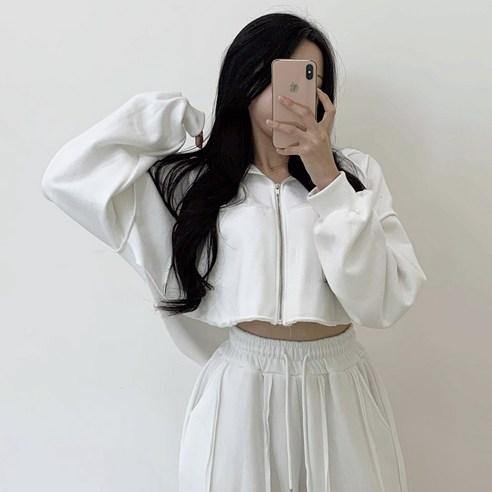 아름모먼트 여성 무지 컷팅 후드 크롭 집업 BTD95
