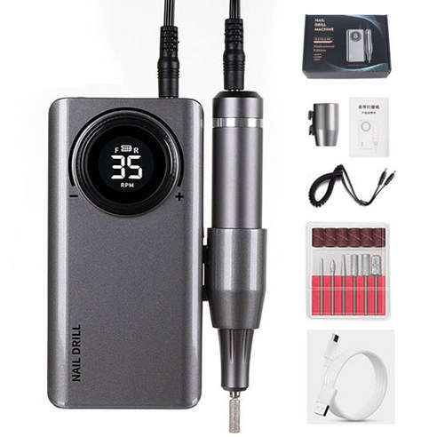 닝타우스 전동 네일드릴기 네일케어기 0-35000rpm 속도조절 보조배터리USB충전식, 회색, USB, 2개