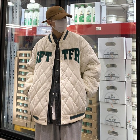 DFMEI 미국 야구 면화 패딩 자켓 남성 패션 브랜드 가을 겨울 두꺼운 코튼 패딩 코트 홍콩 홍콩 스타일 레트로 마름모 느슨한 코튼 패딩 자켓