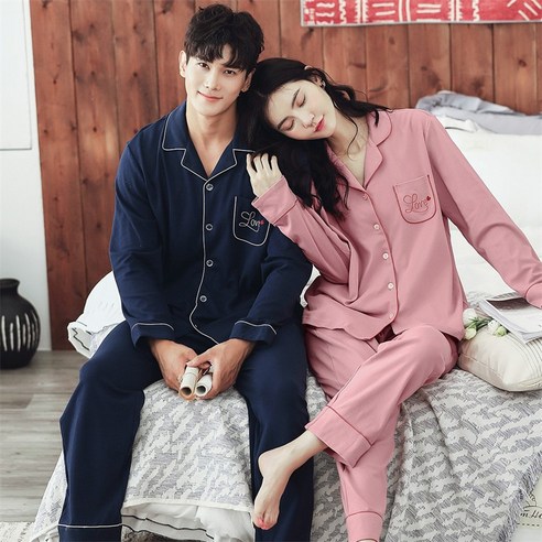 파방노 커플 잠옷 긴팔 라펠 가디건 홈서비스 수트 봄 가을 잠옷 상하세트 허니문 커플 수트